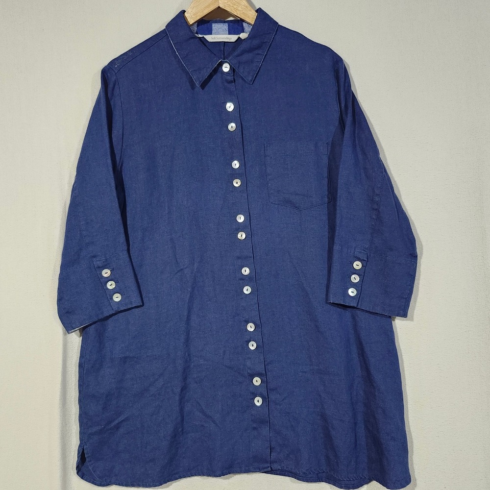 Soft Surroundings Navy Blue 100% Linen Button Down Tunic Shirt PL Petite Large